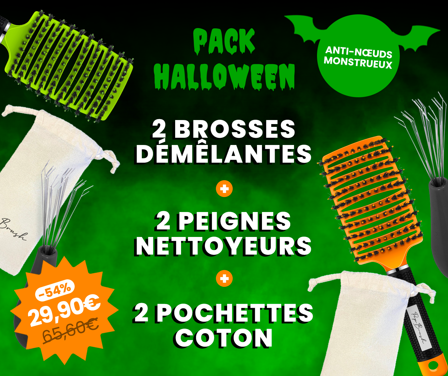 2 BROSSES DÉMÊLANTES + 2 PEIGNES NETTOYEURS + 2 POCHETTES COTON