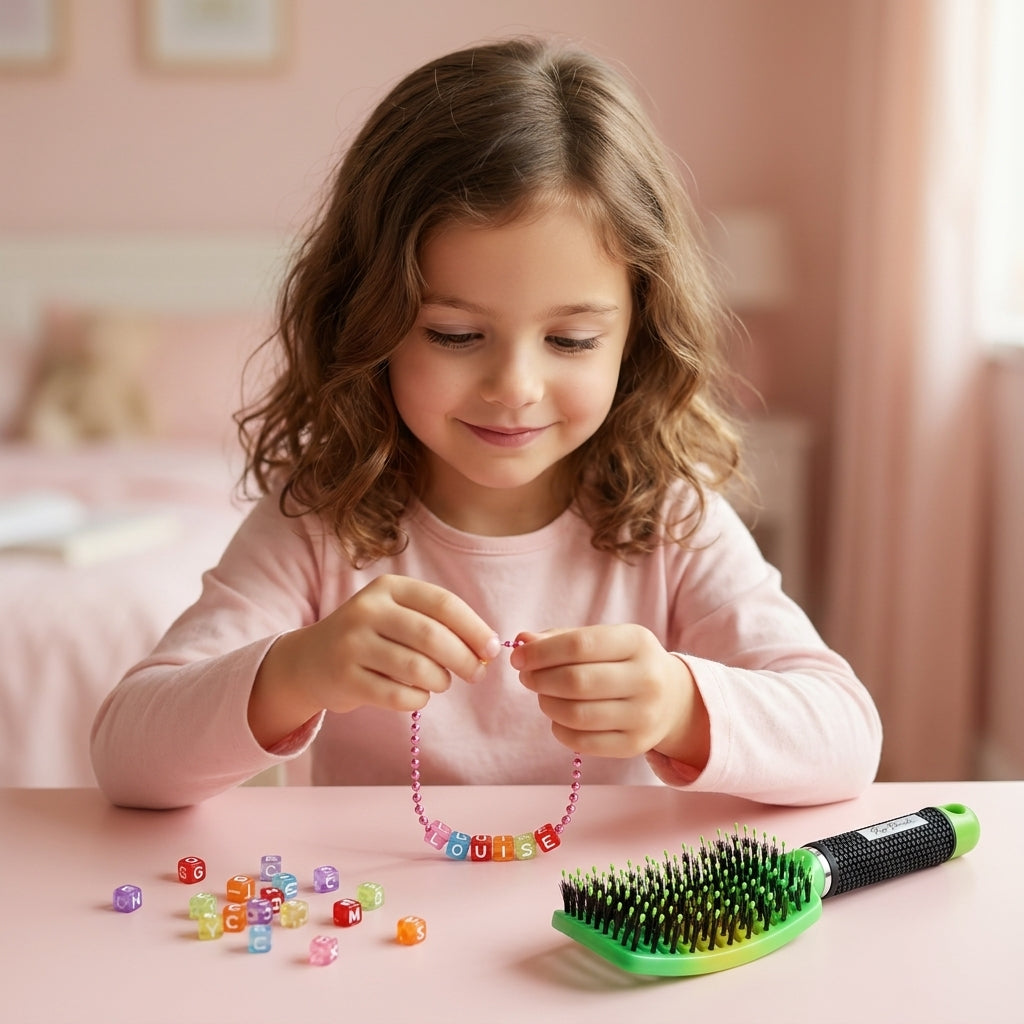 Petite fille créant son prénom LOUISE avec les perles et la chaînette Popbrush